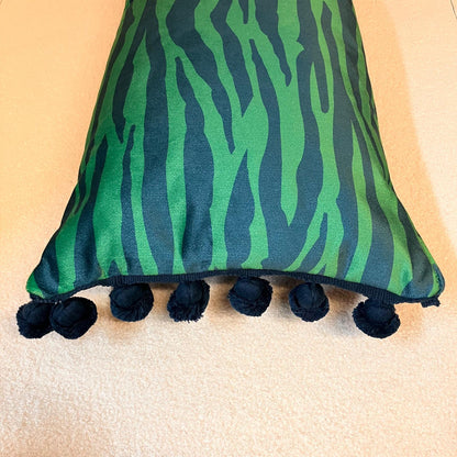 Becca Who Zebra Stripe Velvet Cushion – Blue & Green | Handmade British Illustration | Bates Upholstery