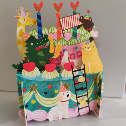 Miniature world 3d POP up greeting card. Animal birthday cake theme