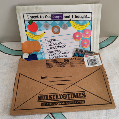 Crinkly sensory first cloth book - I went to the shops.