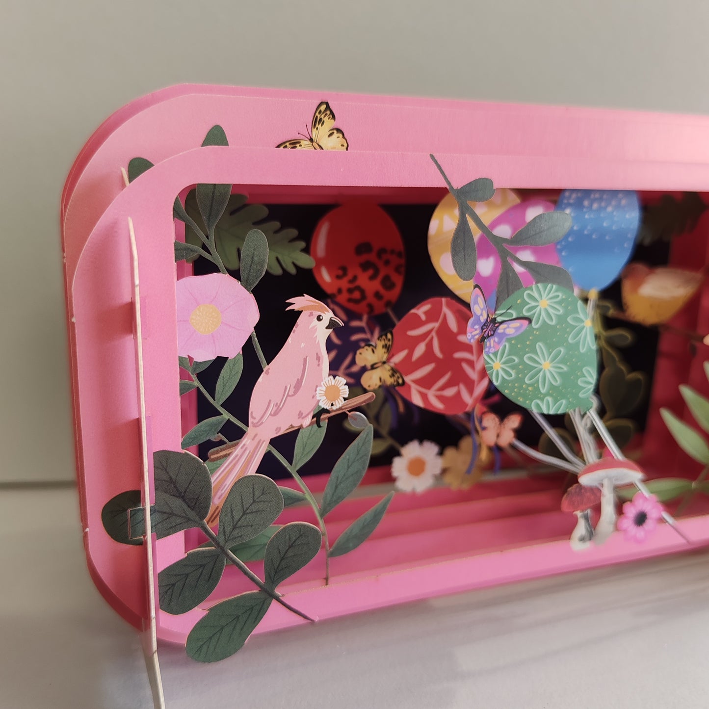 Message in a Bottle 3d Pop up greeting card. Birds and balloons.