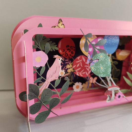 Message in a Bottle 3d Pop up greeting card. Birds and balloons.