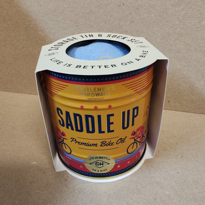 Socks in a tin container bike theme.