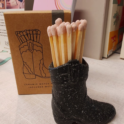 Nashville Ceramic Cowboy Boot Match Holder Black with Matches (25Pcs)