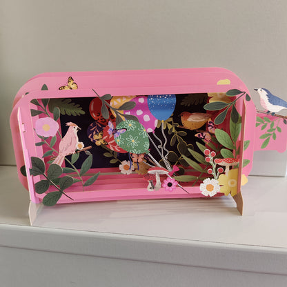 Message in a Bottle 3d Pop up greeting card. Birds and balloons.
