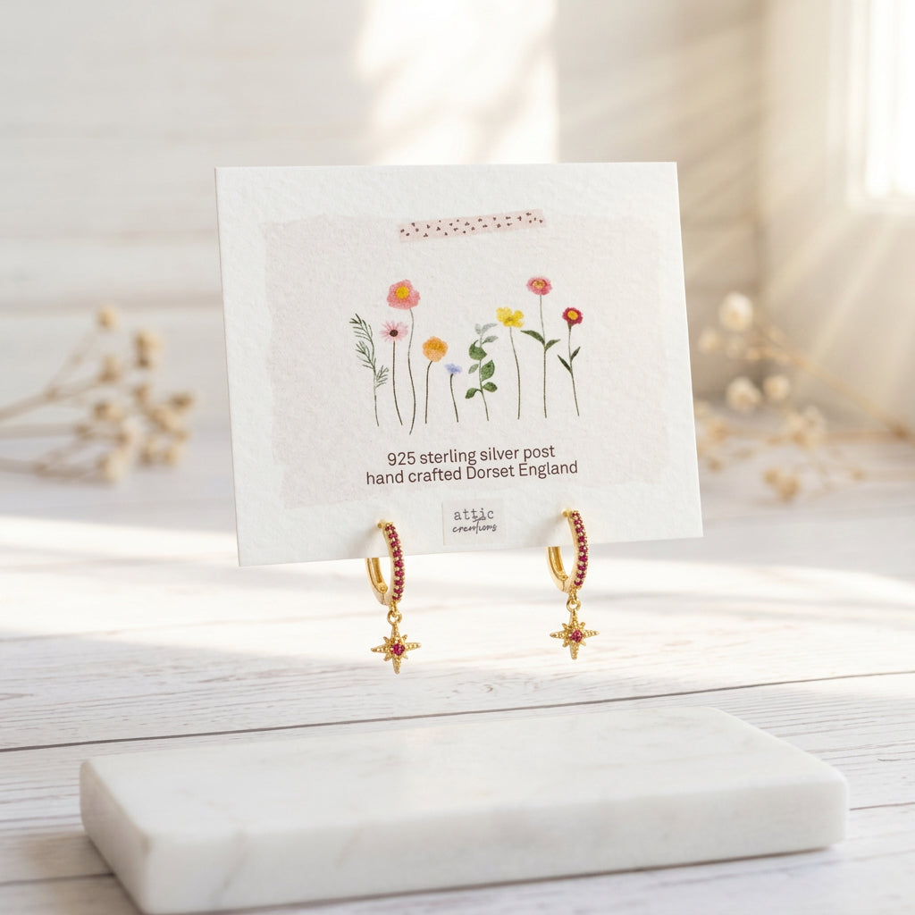 North Star Ear Hoop Earrings - Red Gem