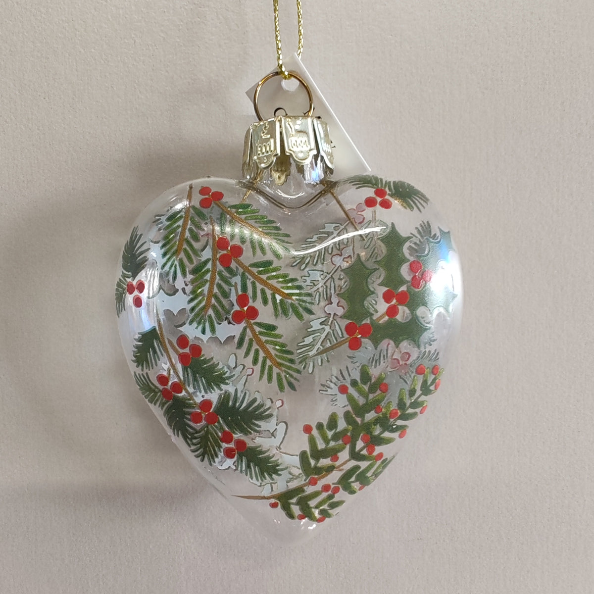 Clear Glass Fir & Berries Heart Decoration