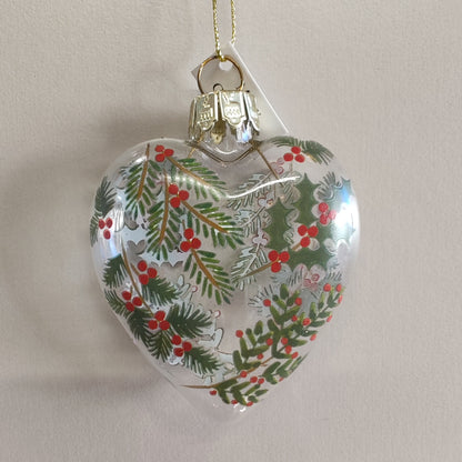 Clear Glass Fir & Berries Heart Decoration