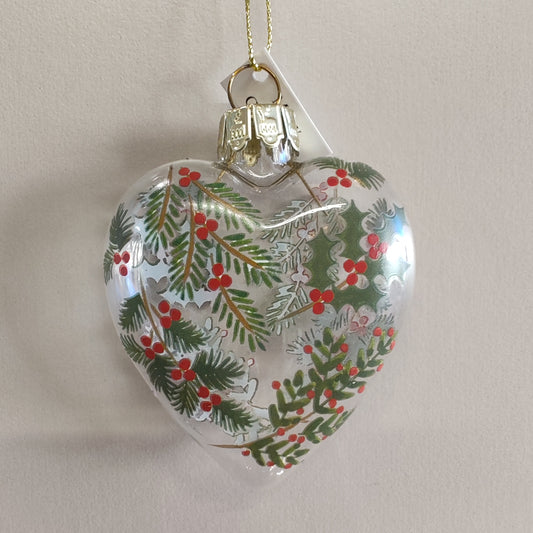 Clear Glass Fir & Berries Heart Decoration