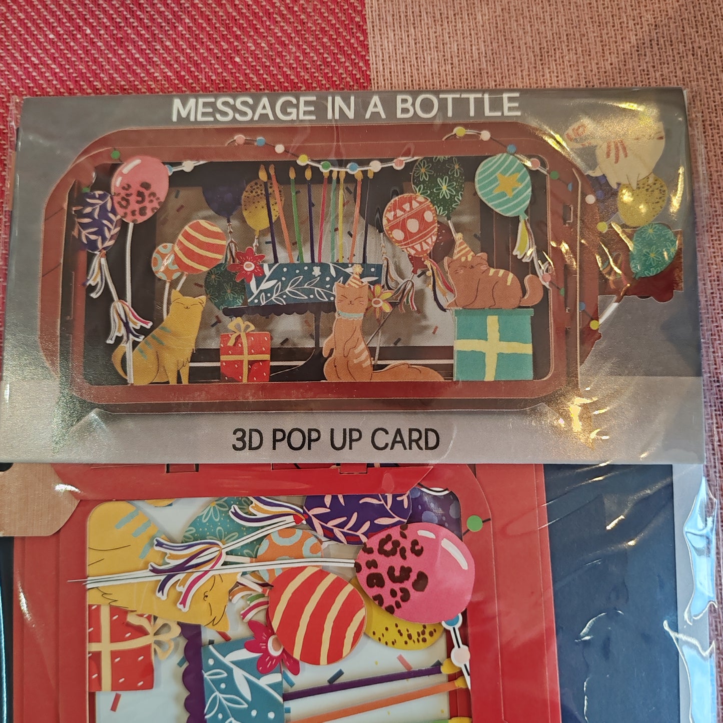 Message in a Bottle 3d pop up greeting card. Cats and balloons party.