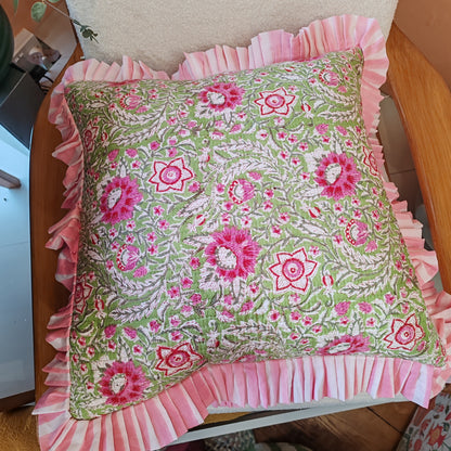 Large Pink / green floral quilted cushion with pink striped frill