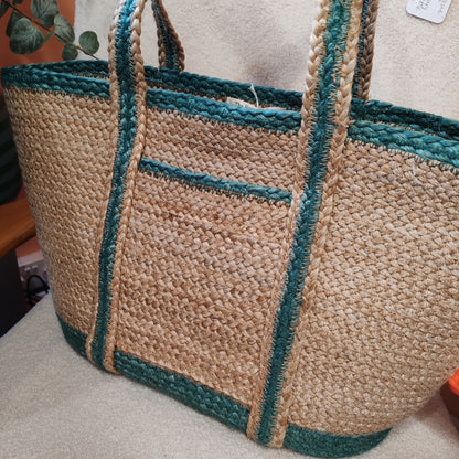 Aqua Jute pocket tote bag large