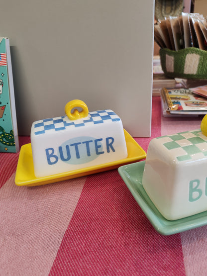 Bon Appetit Green and White check ceramic Butter Dish