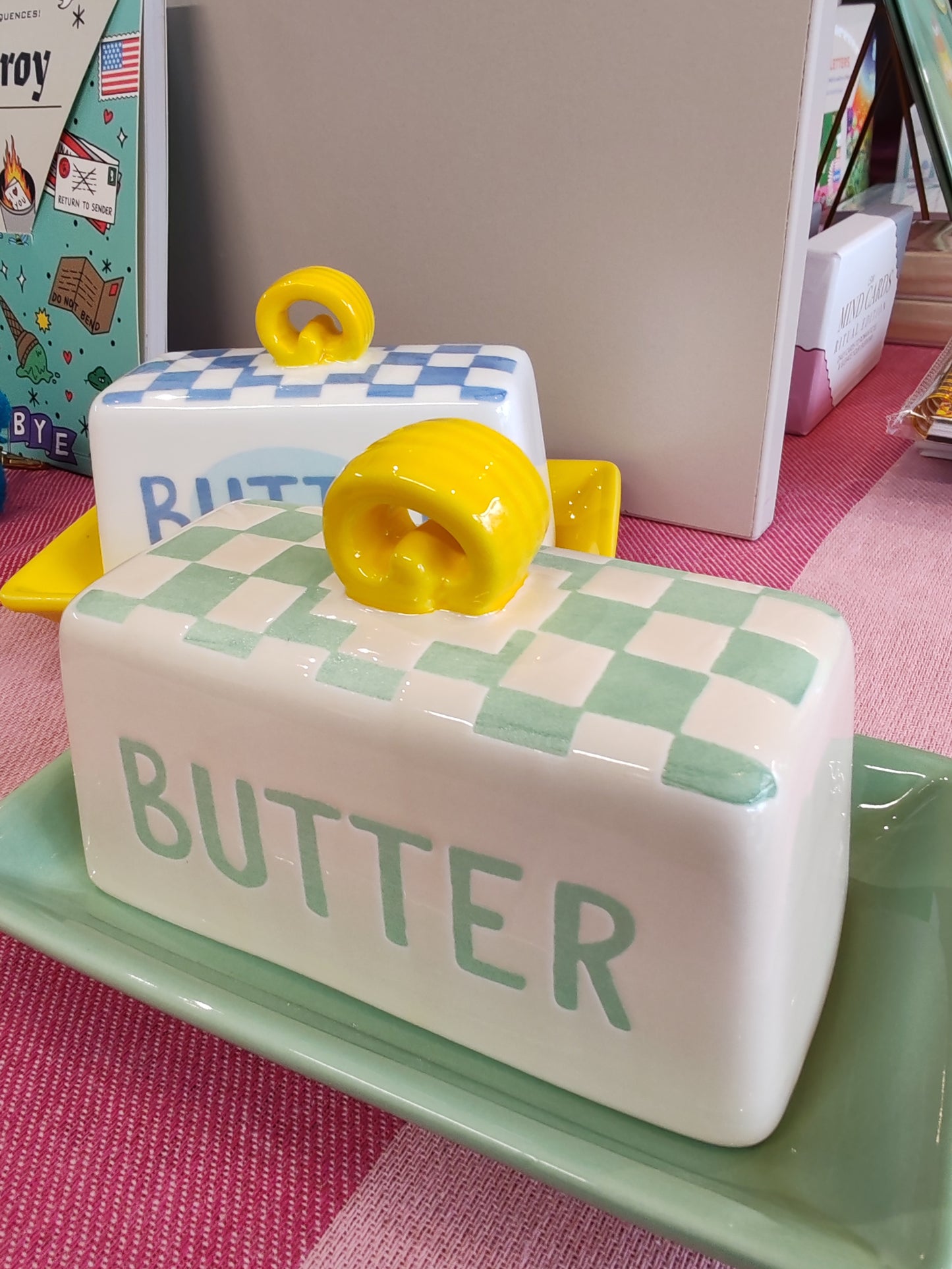 Bon Appetit Green and White check ceramic Butter Dish