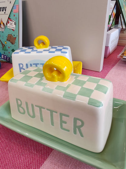 Bon Appetit Green and White check ceramic Butter Dish