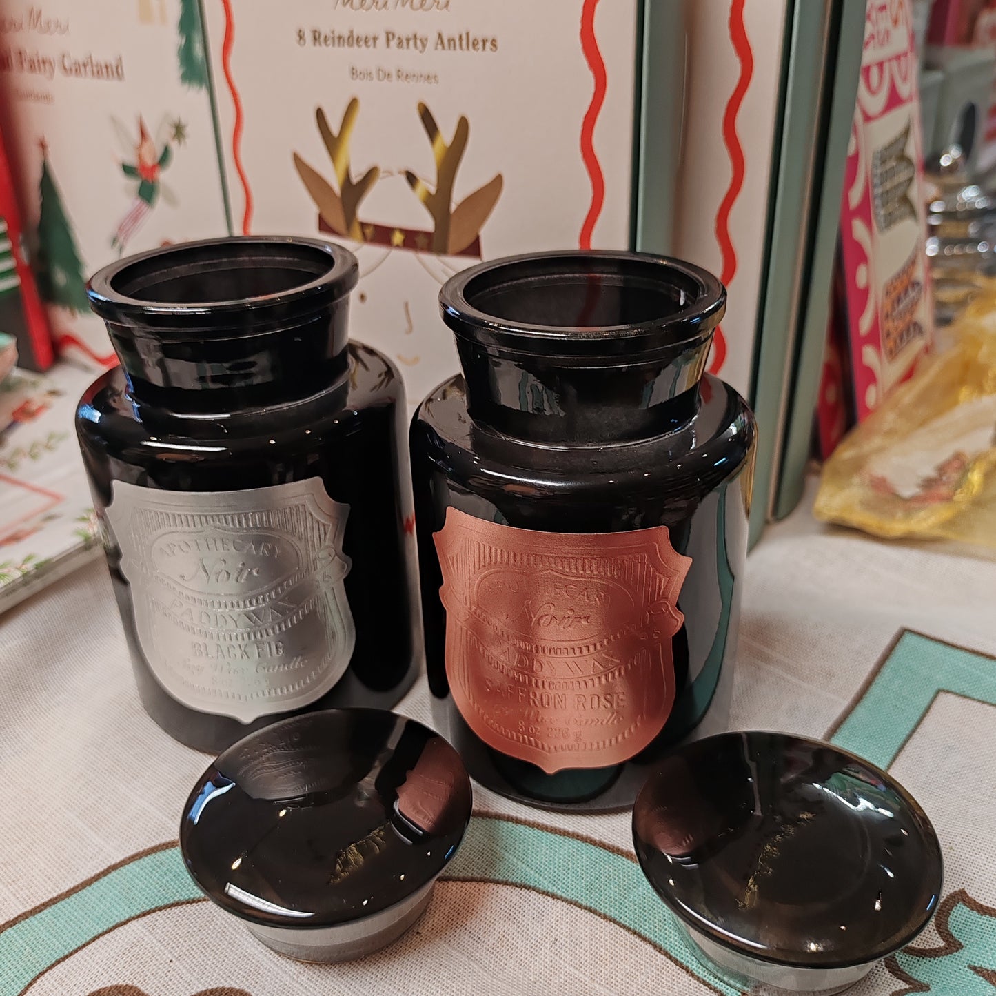 Black Apothecary Jar rose gold label. Scent of Saffron