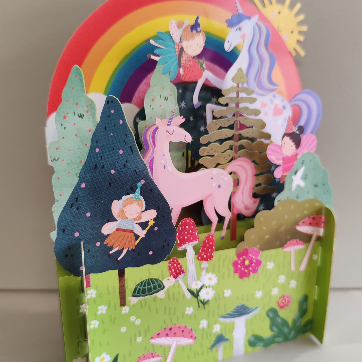 Miniature world 3d POP up greeting card. Unicorn and rainbow theme.