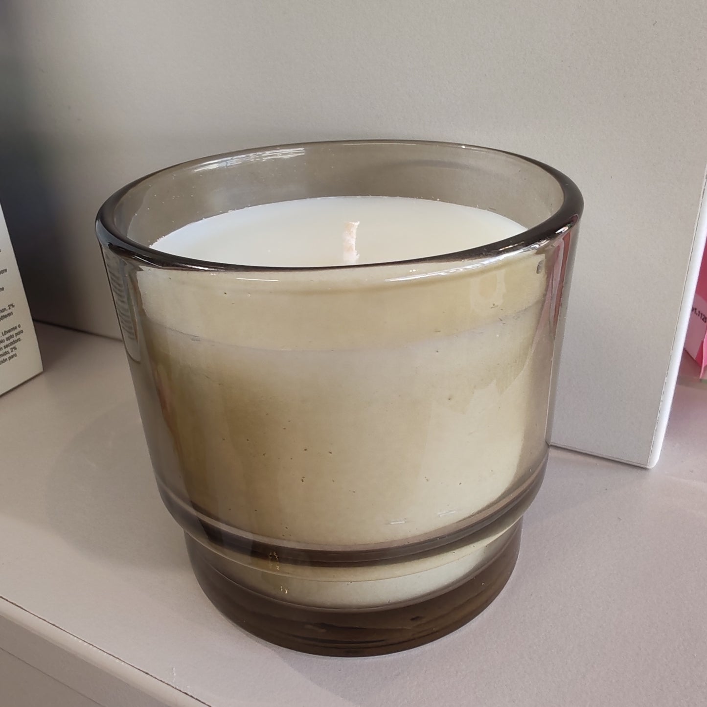 Al Fresco Soy Wax scented candle. 7oz. Scent of Cotton & Teak in Taupe glass jar.
