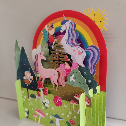 Miniature world 3d POP up greeting card. Unicorn and rainbow theme.