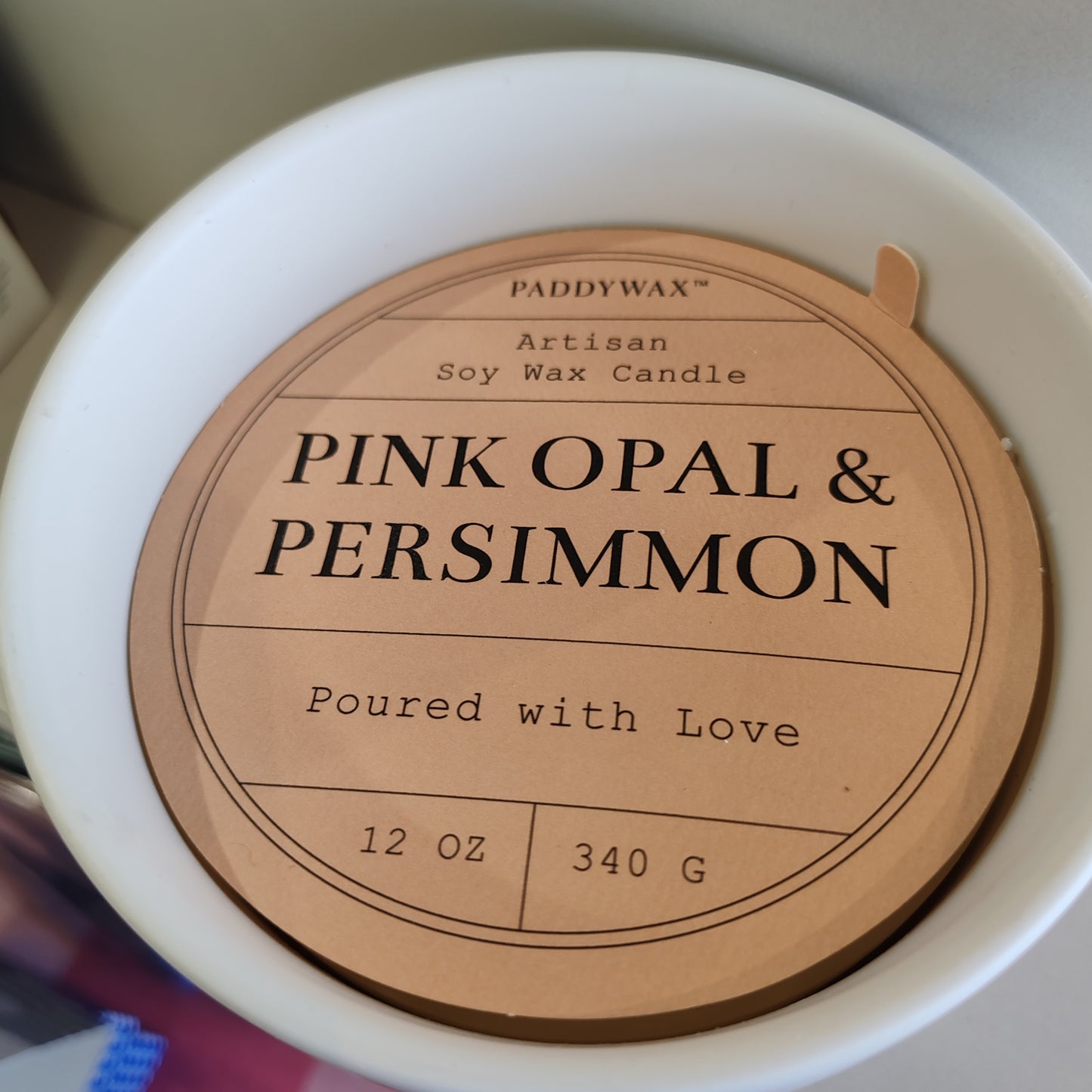 Wabi Sabi Soy Wax scented candle. 12oz. Scent of Pink Opal and Persimmon