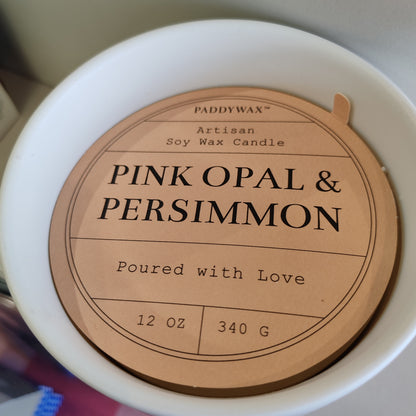 Wabi Sabi Soy Wax scented candle. 12oz. Scent of Pink Opal and Persimmon