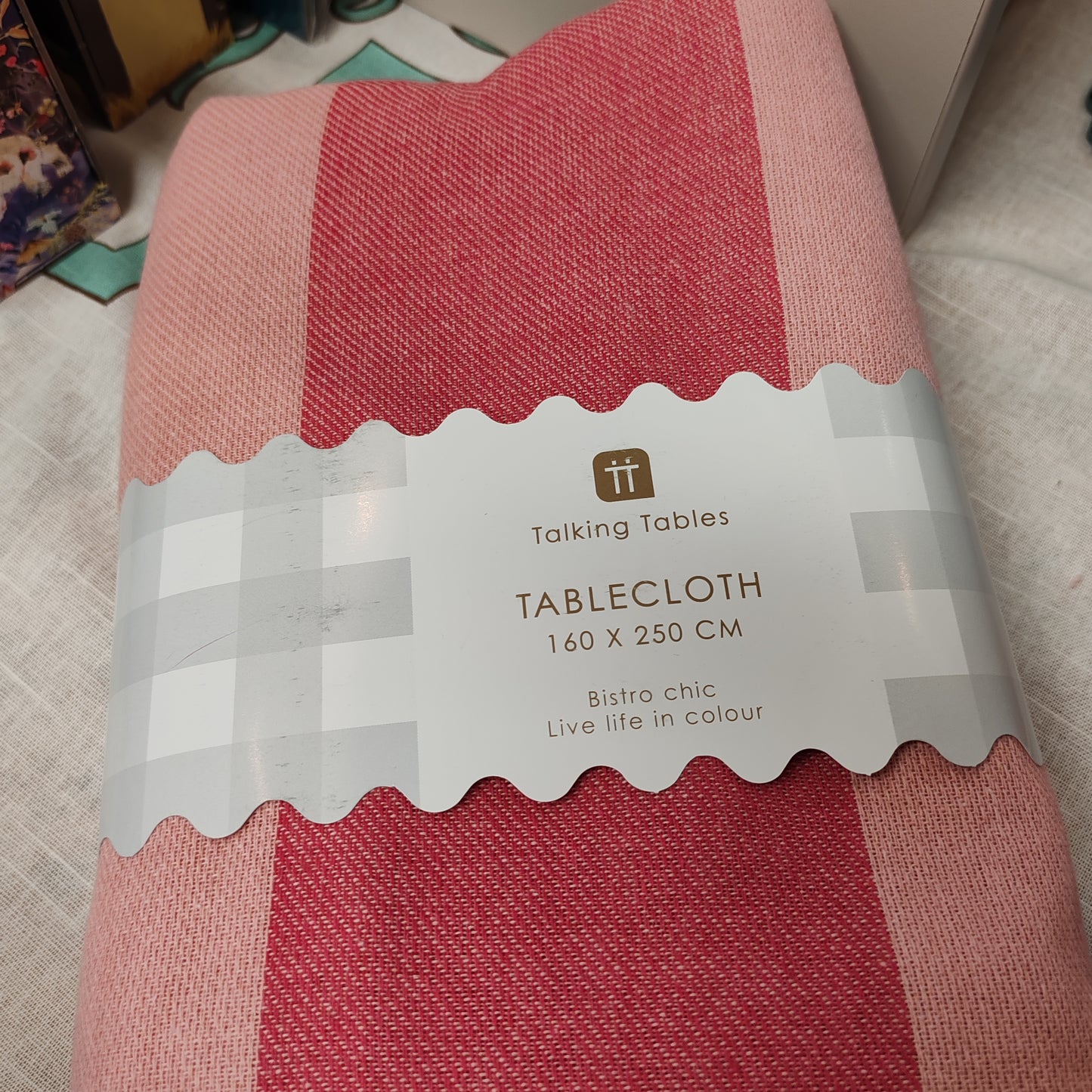 Pink and red stripe tablecloth 80% cotton 160cm x 250cm