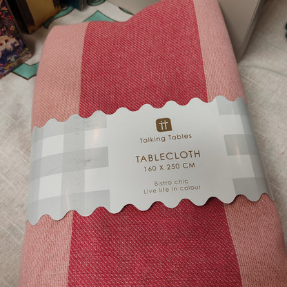 Pink and red stripe tablecloth 80% cotton 160cm x 250cm