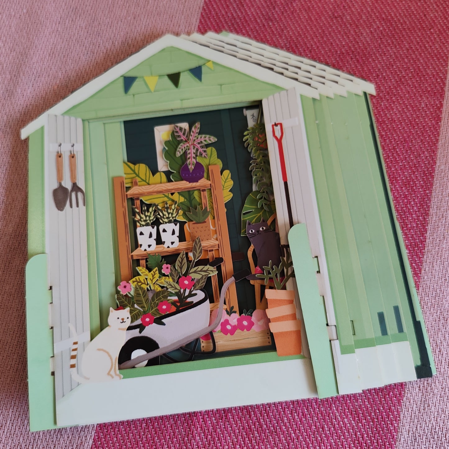 Miniature world Greeting card. Pop up Garden shed Theme