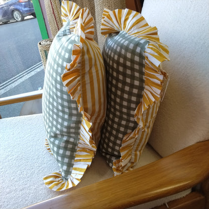 Large Green / white gingham cushion with mustard / white striped frill