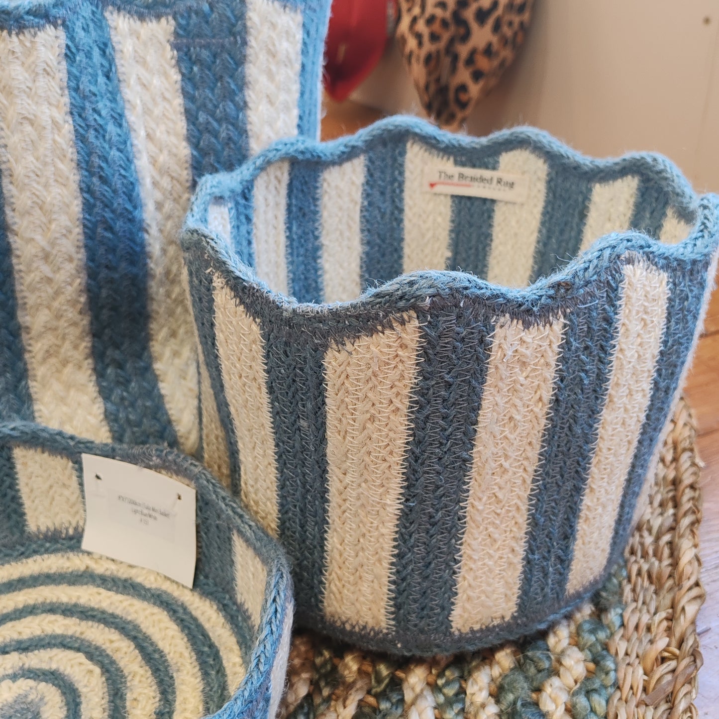 Scallop Edge blue and white Jute basket. Medium size