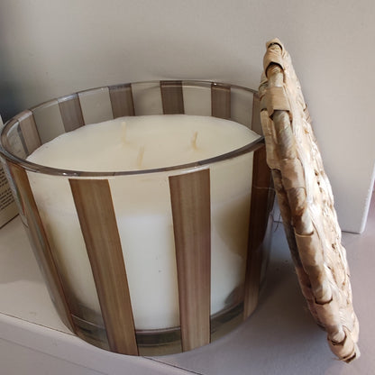 Al Fresco Taupe Striped Candle. 12oz. Scent of Cotton and Teak