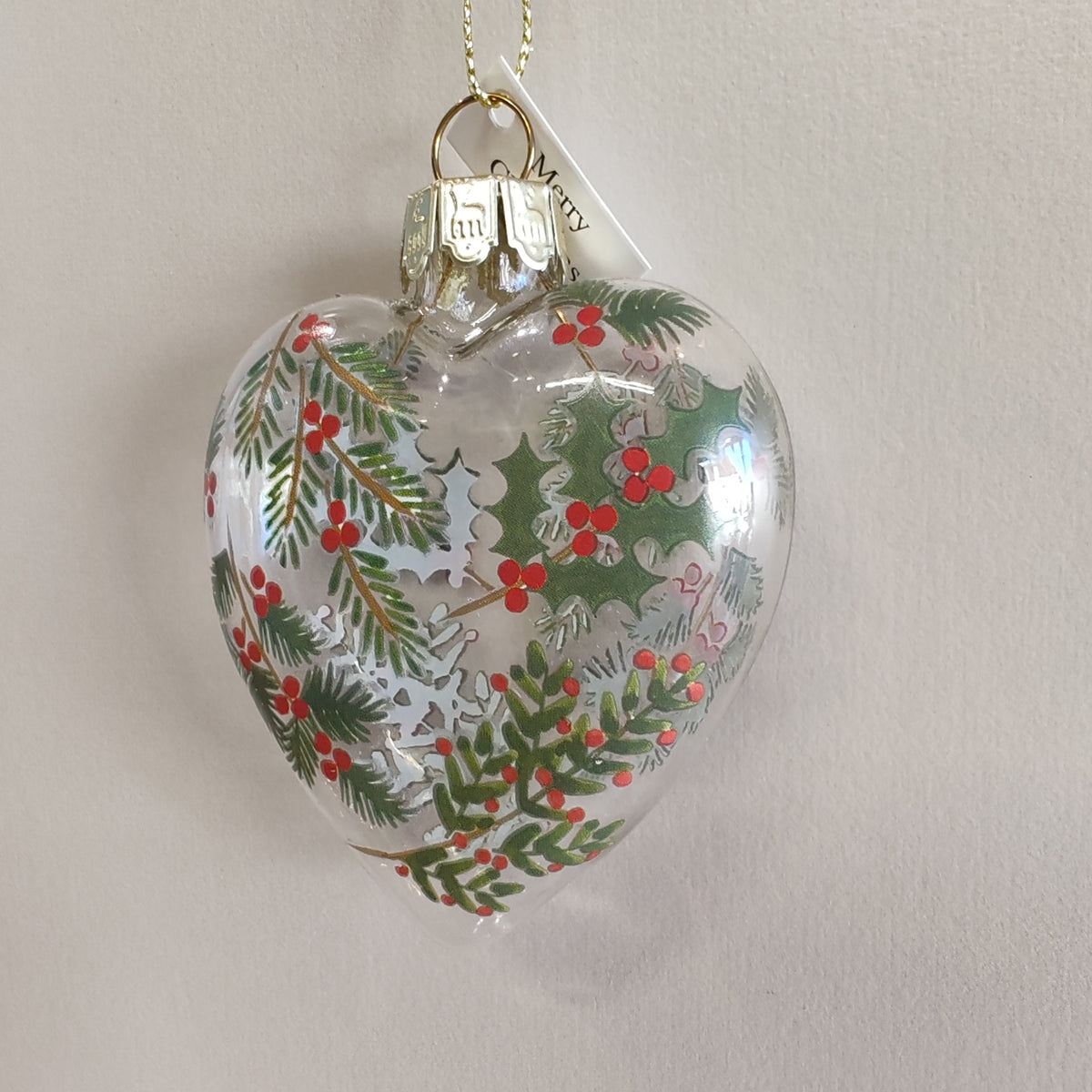 Clear Glass Fir & Berries Heart Decoration