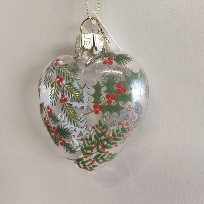 Clear Glass Fir & Berries Heart Decoration
