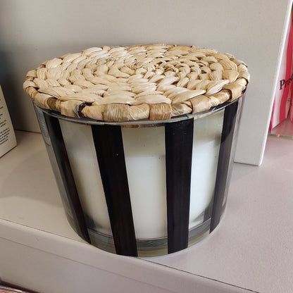 Al Fresco Striped Glass votive soy wax candle. 12oz. Scent of Palo Santo & Sage