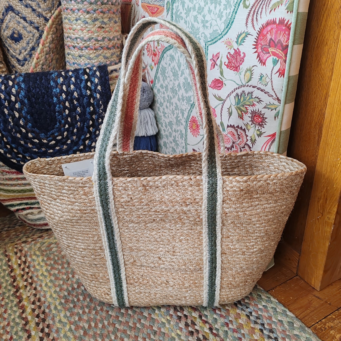 Summer rose/thistle small jute short handle tote