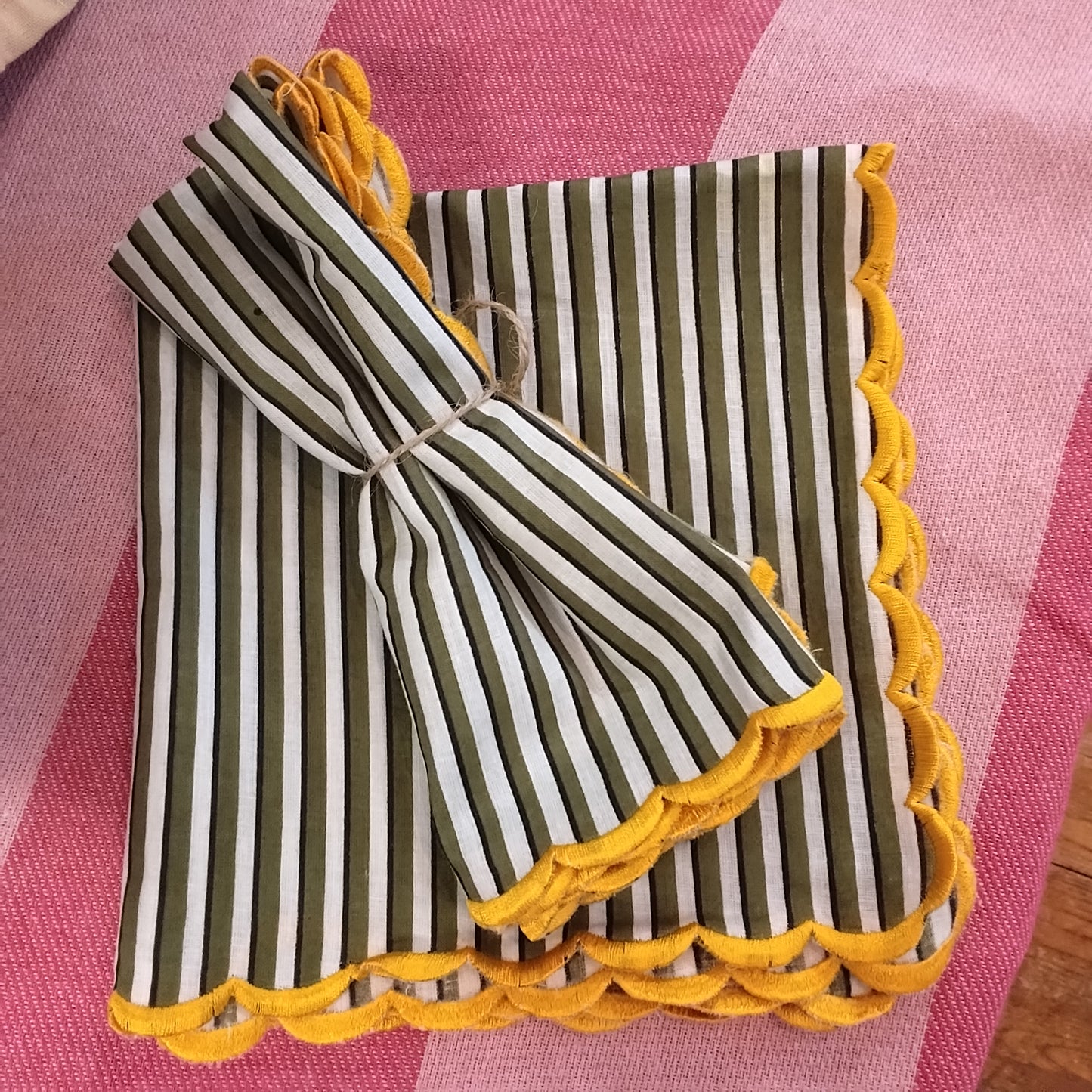 Green / cream striped napkins yellow edging (pair)