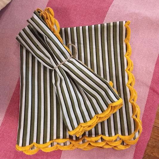 Green / cream striped napkins yellow edging (pair)