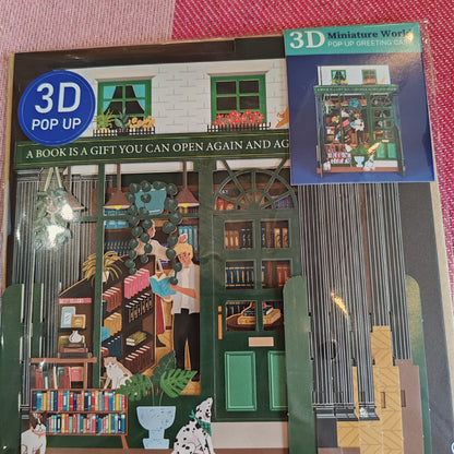 Miniature world Greeting card. 3d Pop up Bookshop