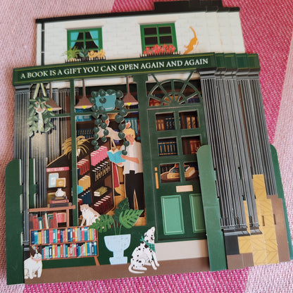 Miniature world Greeting card. 3d Pop up Bookshop