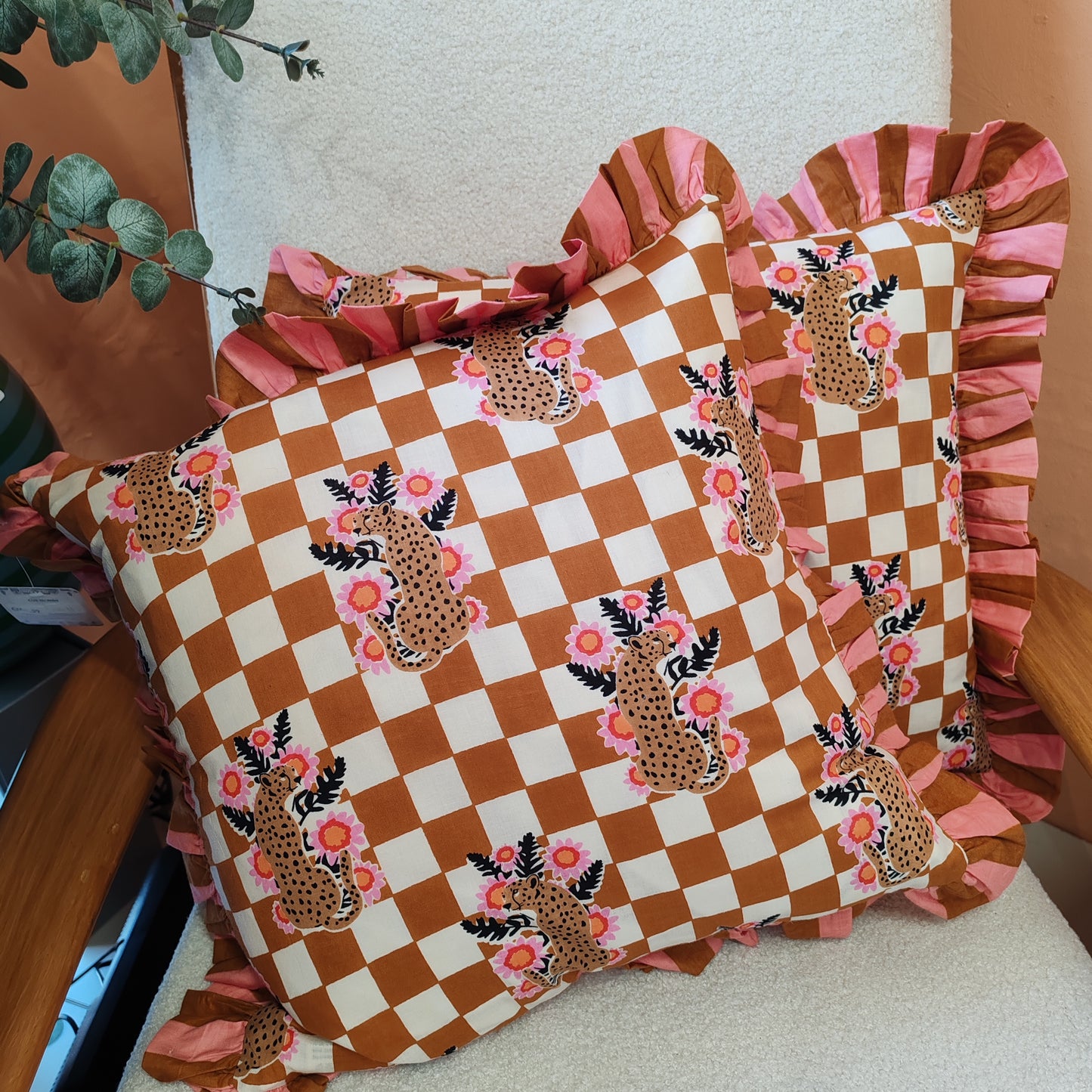 Leopard floral bronze / cream cushion with pink / bronze striped frill trim