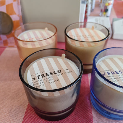 Al Fresco Soy Wax Candle in blue glass Jar. 7oz. Scent of Rosemary and Sea Salt