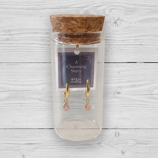 Pink gem tear drop hoop earrings