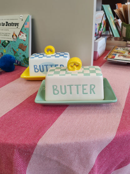 Bon Appetit Green and White check ceramic Butter Dish