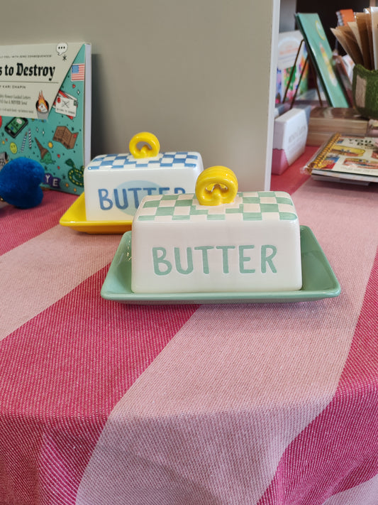 Bon Appetit Green and White check ceramic Butter Dish