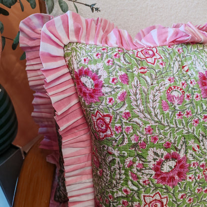 Large Pink / green floral quilted cushion with pink striped frill