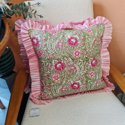 Large Pink / green floral quilted cushion with pink striped frill
