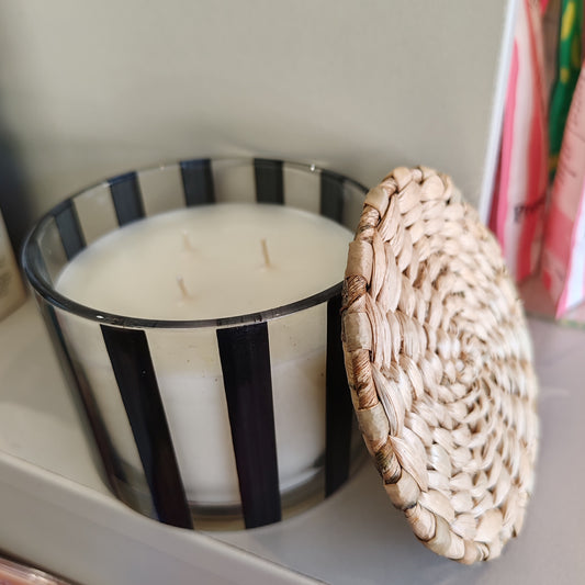 Al Fresco Striped Glass votive soy wax candle. 12oz. Scent of Palo Santo & Sage
