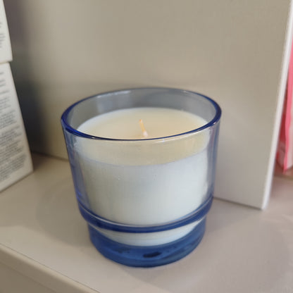 Al Fresco Soy Wax Candle in blue glass Jar. 7oz. Scent of Rosemary and Sea Salt