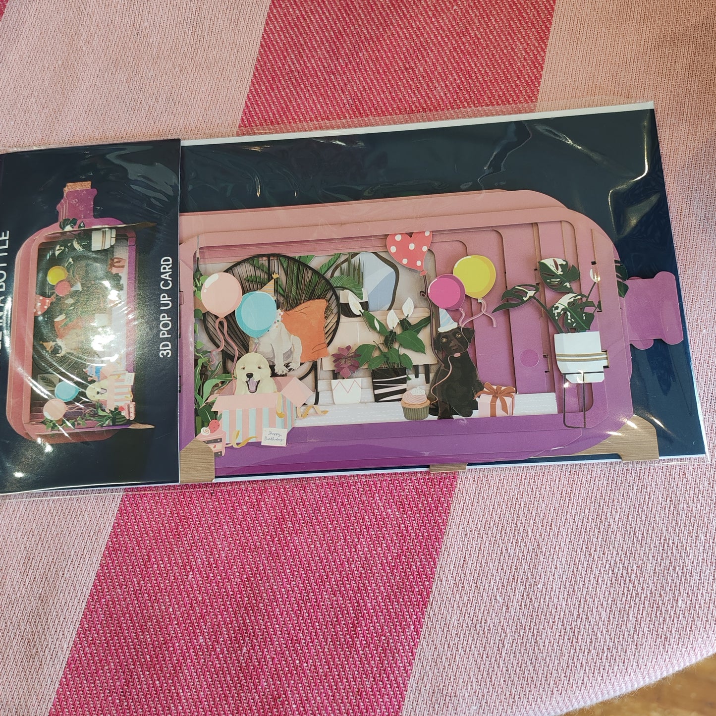 Message in a Bottle 3d Pop up greeting card. Dogs and balloons!