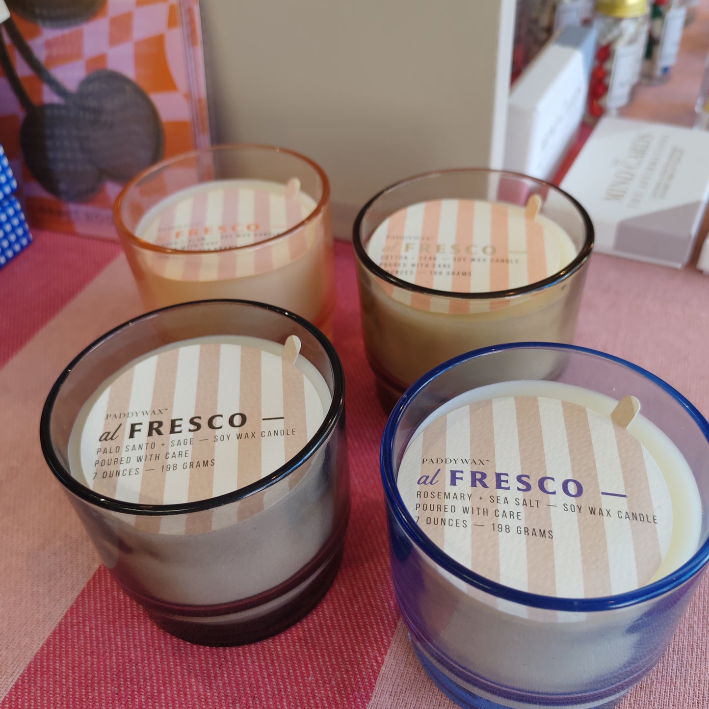 Al Fresco Soy Wax Candle in blue glass Jar. 7oz. Scent of Rosemary and Sea Salt