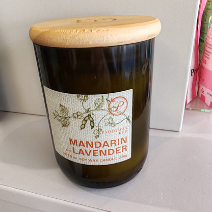 Eco Green recycled glass wine bottle soy wax candle. 8oz. Scent of Mandarin and Lavender